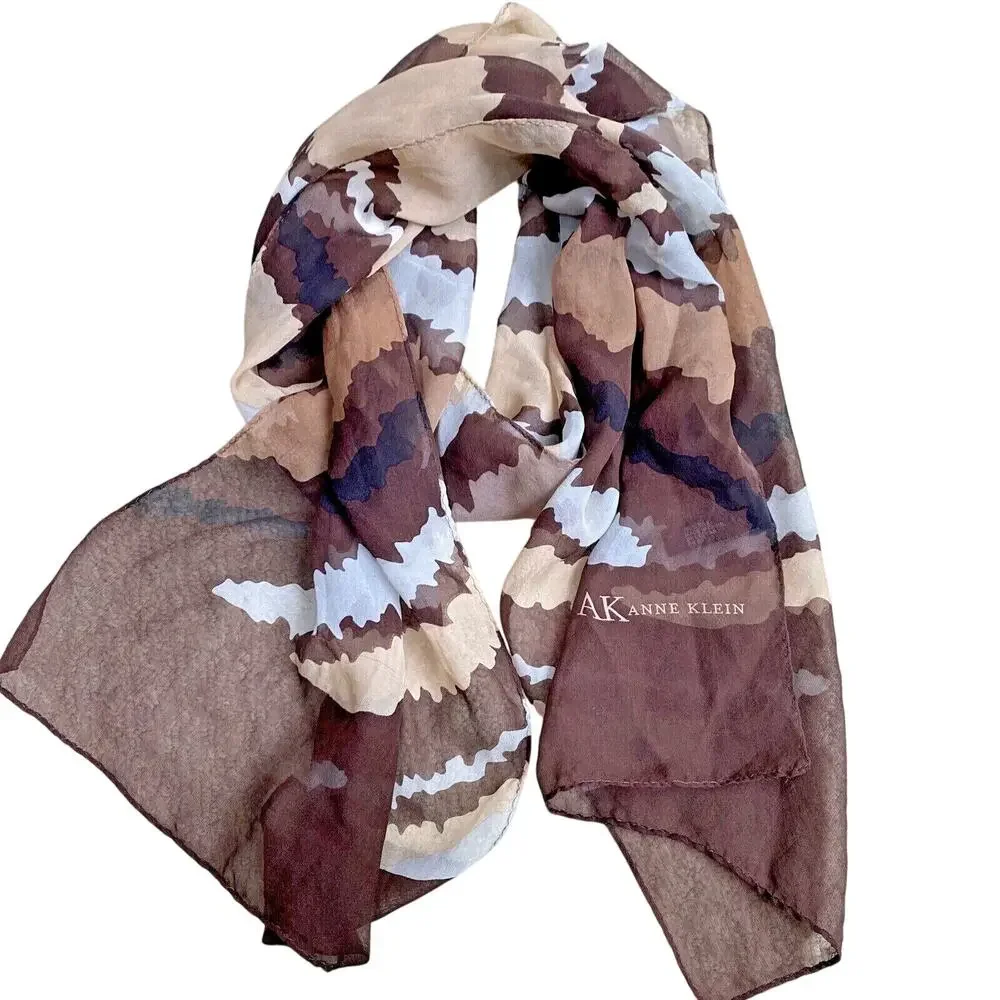 Vintage Anne Klein sheer silk scarf brown tan abstract print long rectangle chic